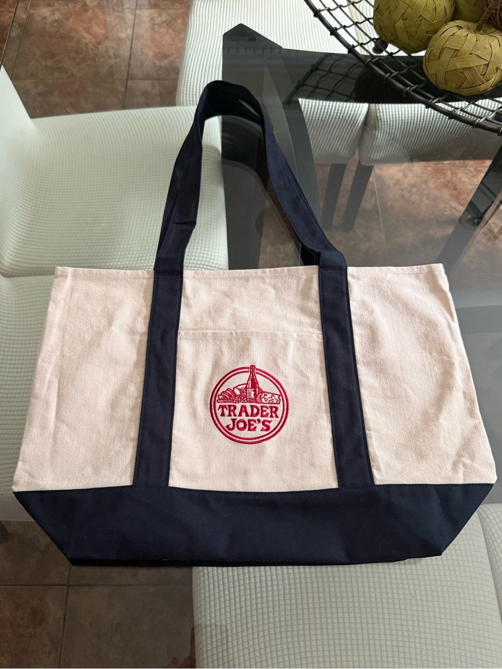 Two-Tone Canvas Tote Bag in White and Navy